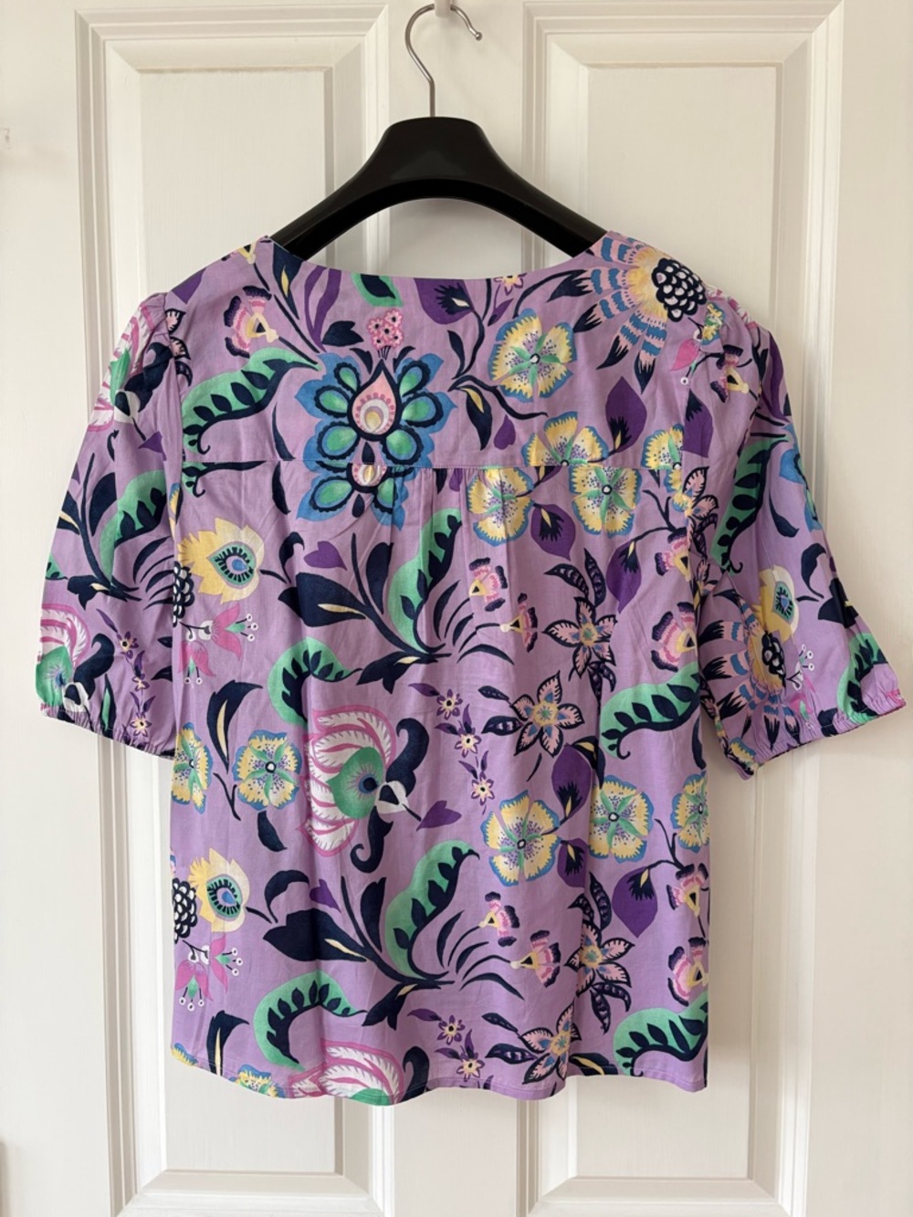 NWT, Talbots Cotton Short Sleeve Tie Front Top, Lavender Jacobean Floral, Size L - Picture 7 of 13
